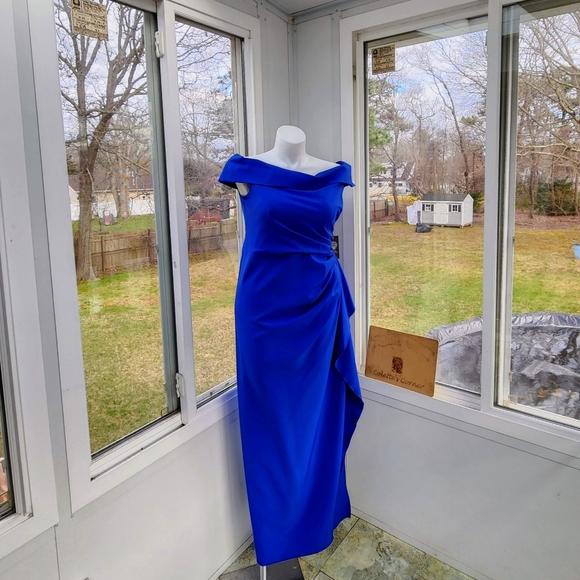 24 Hour Sale ⏰ Vince Camuto Off The Shoulder Royal Blue Crepe Column Ruched Gown - Picture 14 of 16